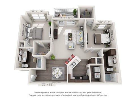 Floor plan for 2 beds, 2 baths